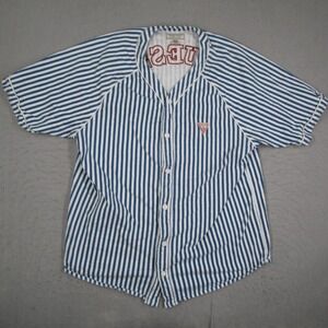 Guess Jeans Mens Blue White Striped Baseball Jersey Shirt Large M81P78R5DD2